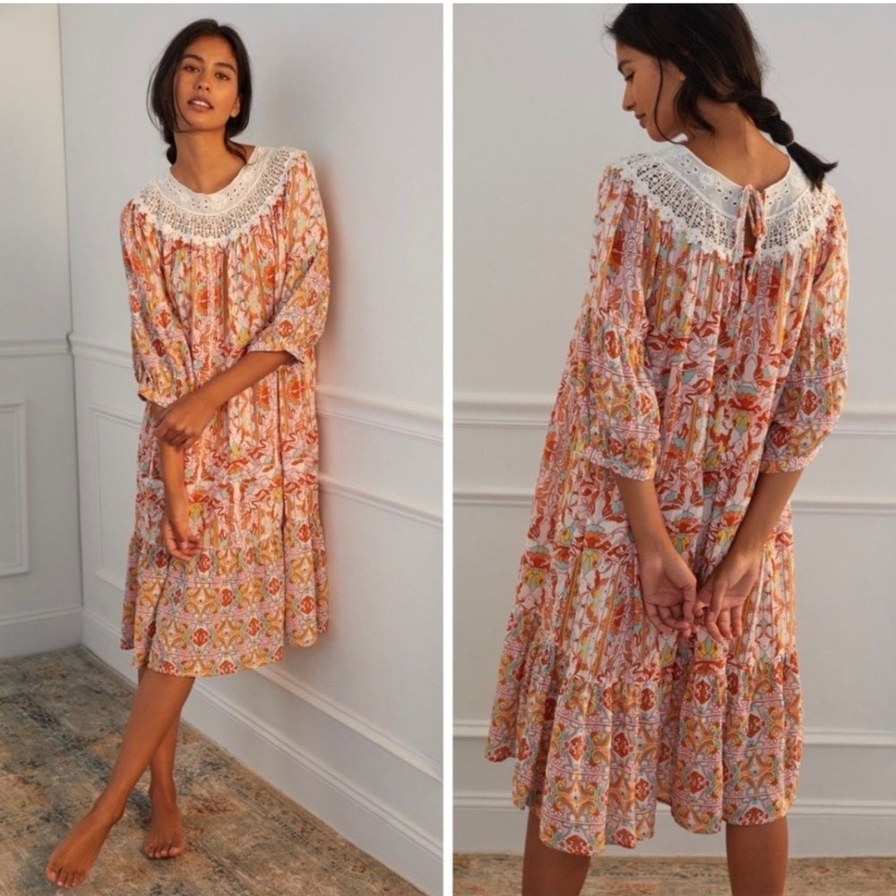 Anthropologie Lounge Dress Florence Floral Lace XS Boho Tiered Puff Sleeve